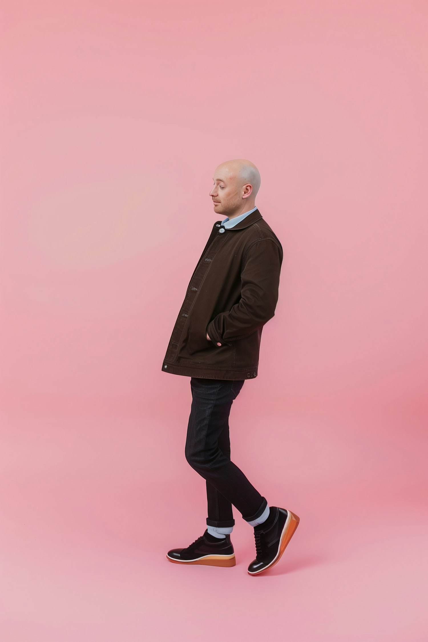 Man in Dark Attire Against Pink Background