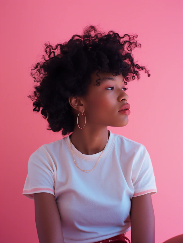 Contemplative Young Woman against Pink Background