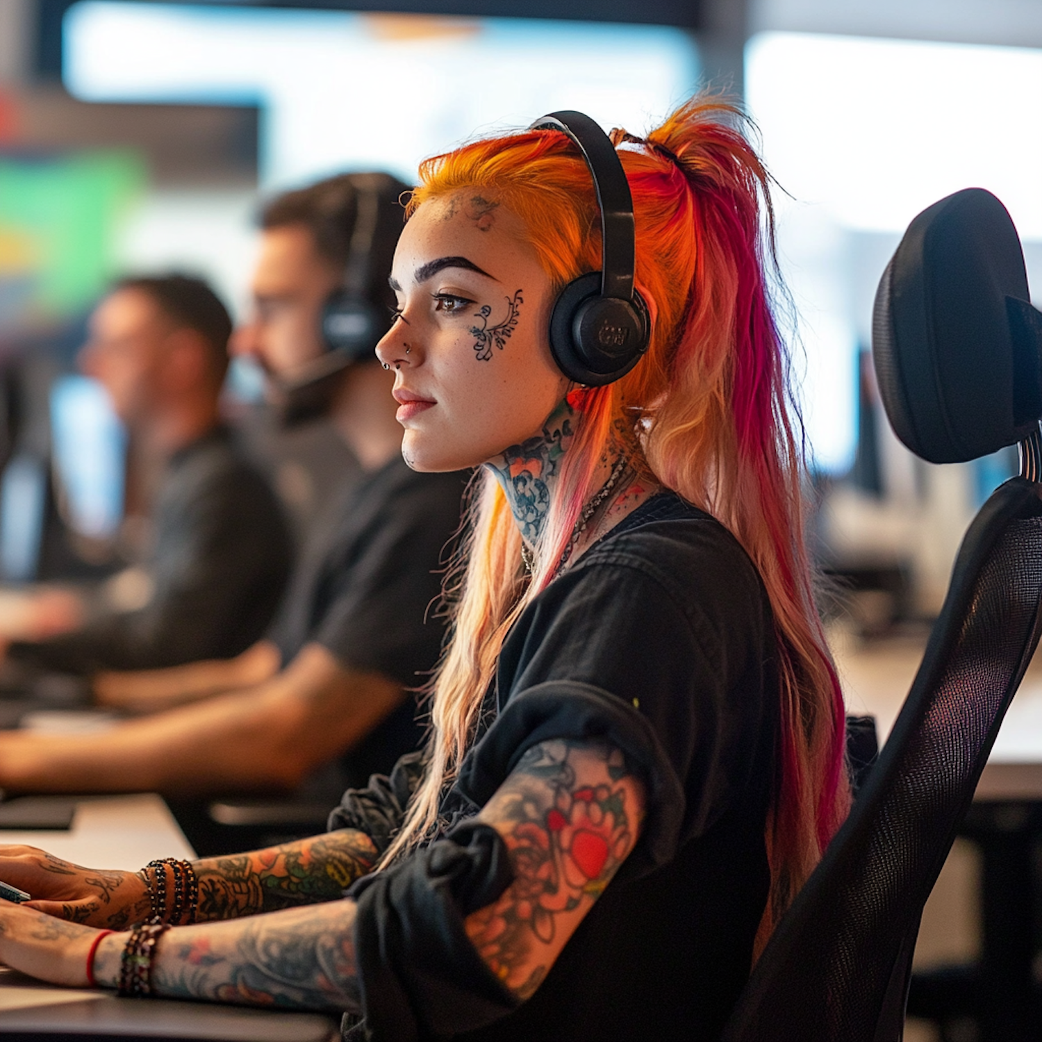 Competitive Gamer Girl with Vibrant Hair and Tattoos