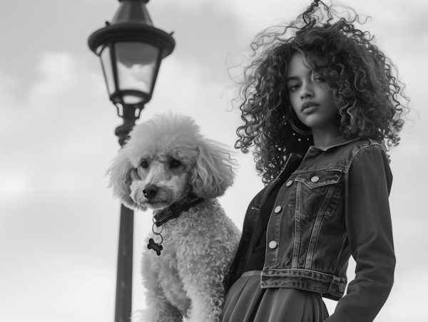 Serene Girl with Poodle in Monochrome