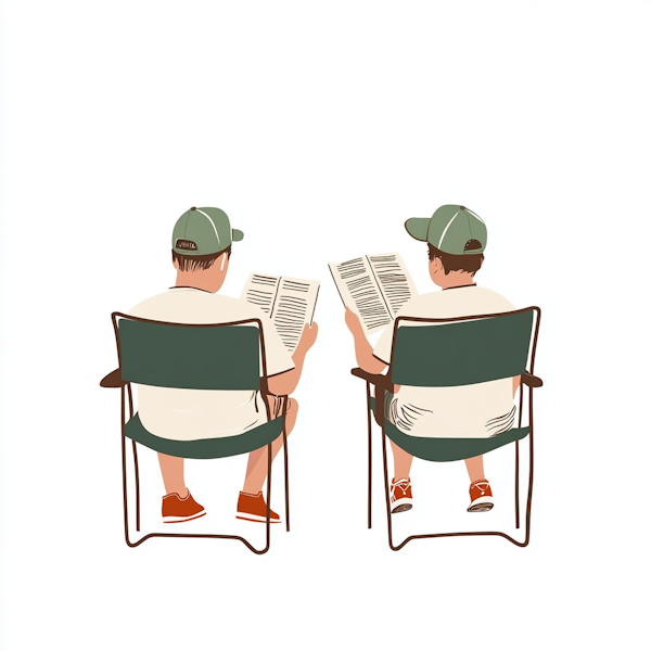 Twin Men Reading on Deck Chairs