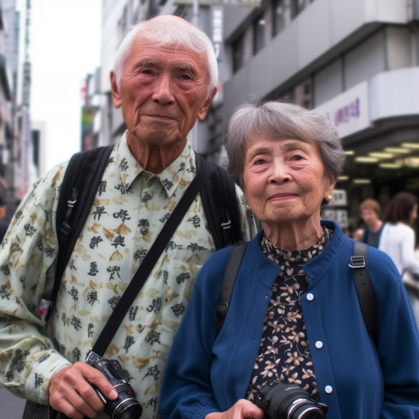 Joyful Senior East Asian Couple with Cameras