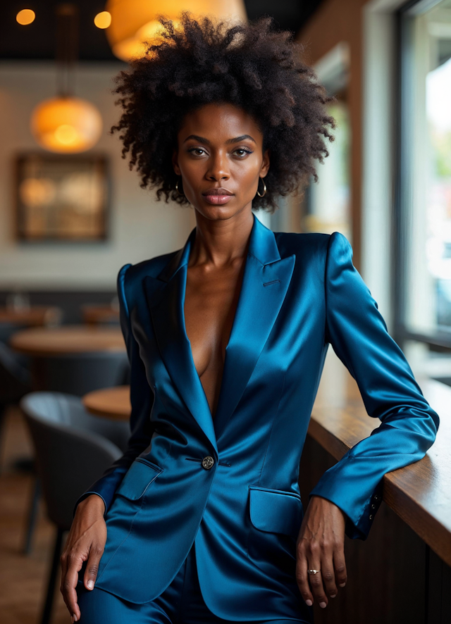 Confident Woman in Blue Satin Suit