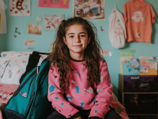 Girl on Bed with Backpack