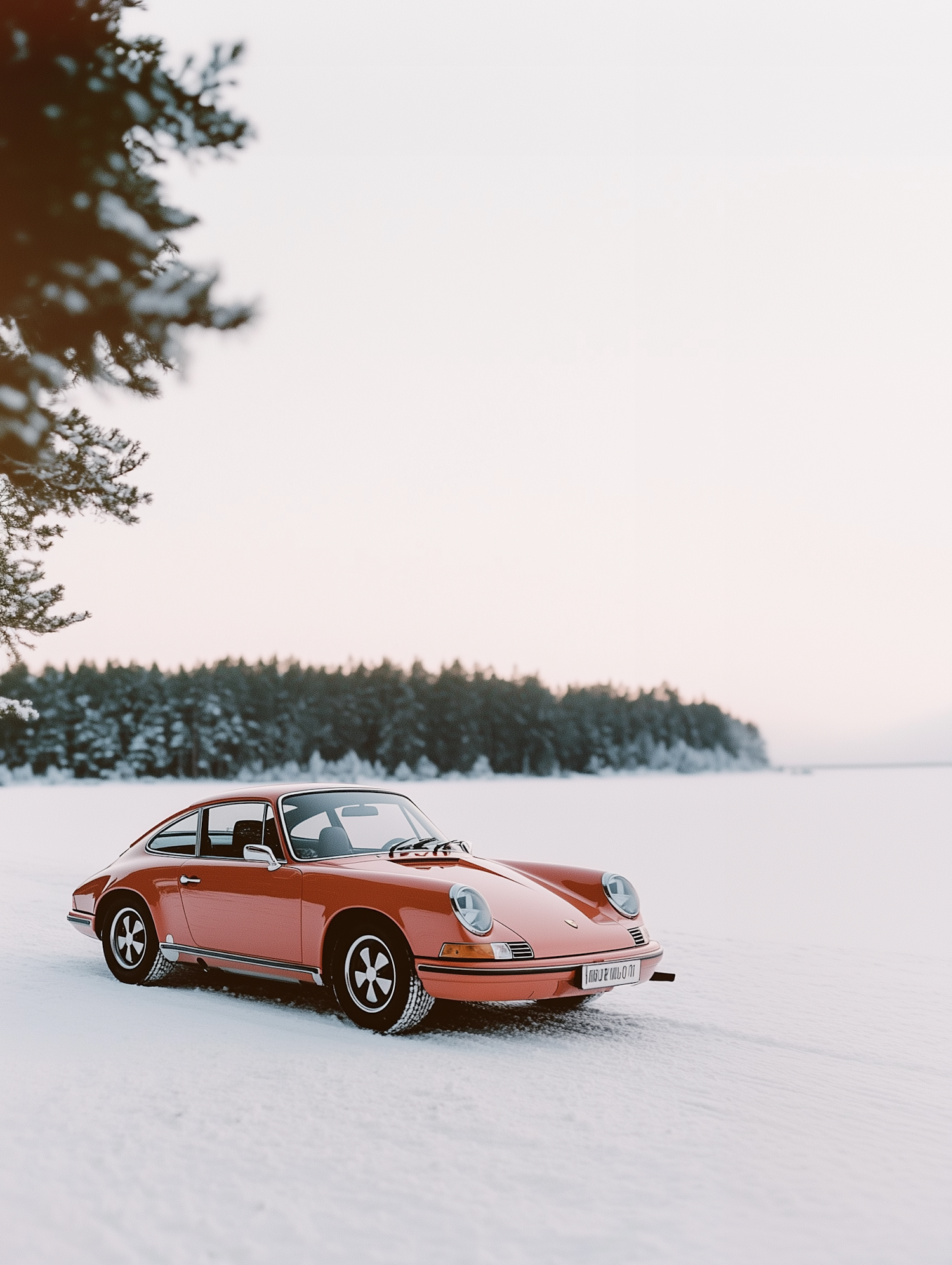 Classic Red Car in Snowy Landscape