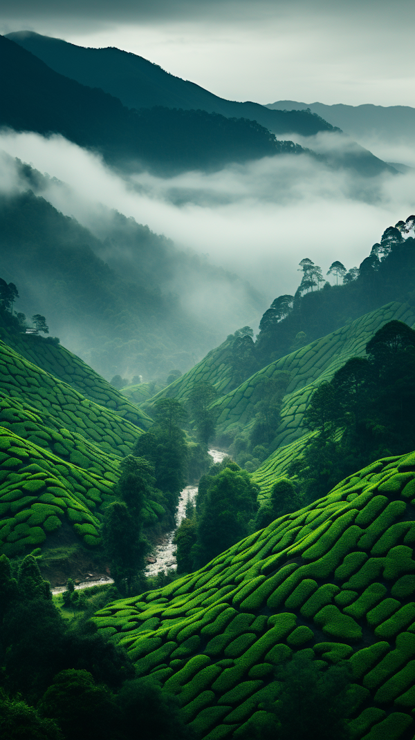 Misty Verdant Tea Plantation Panorama