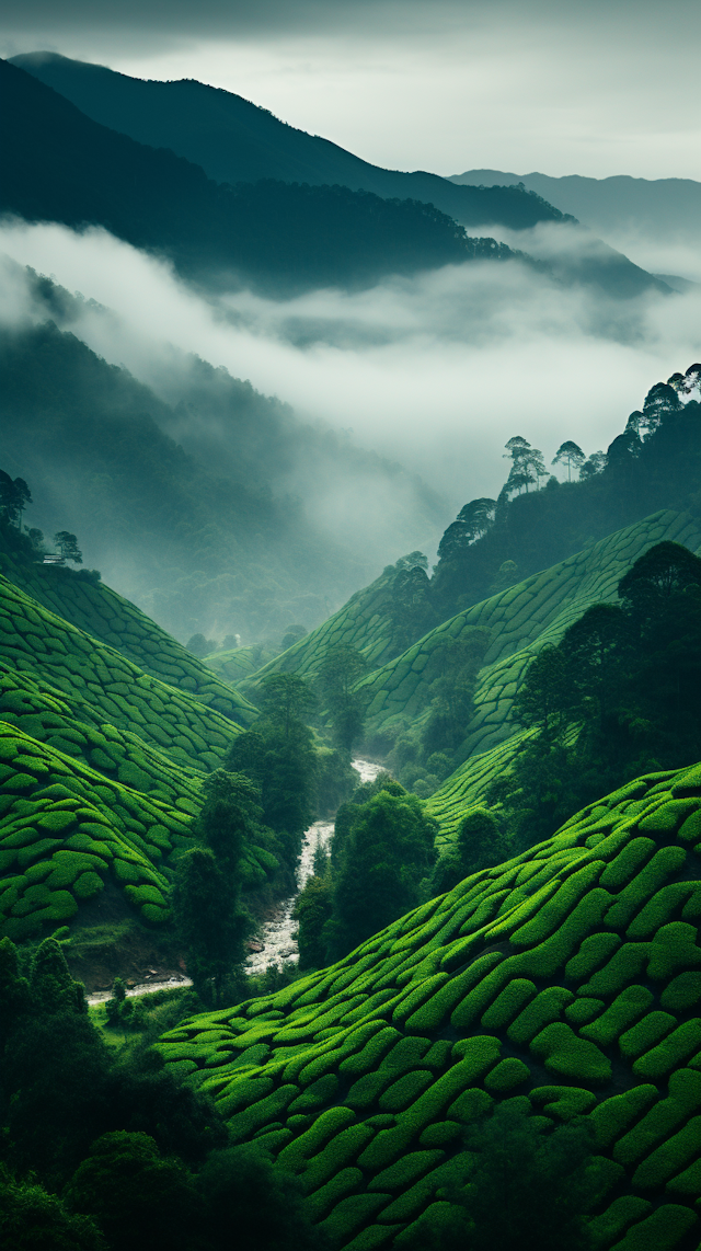 Misty Verdant Tea Plantation Panorama