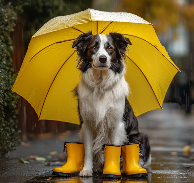 Dog with Yellow Umbrella and Boots