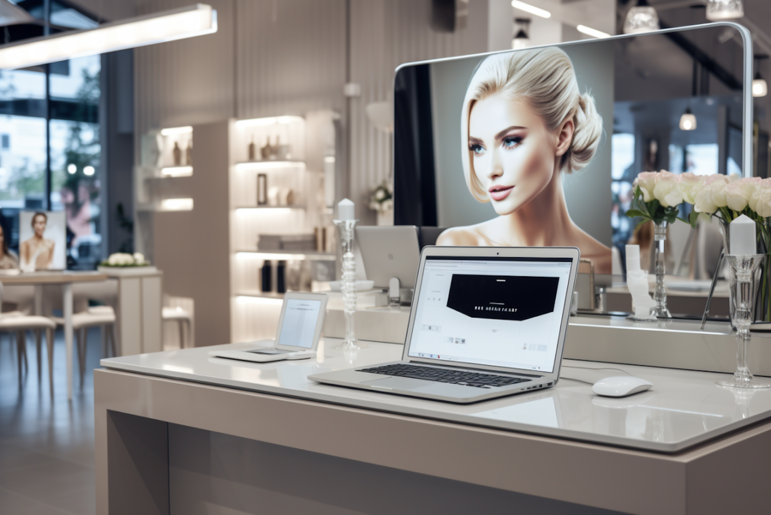 Elegant Creative Workspace with Apple Tech and Fashion Imagery