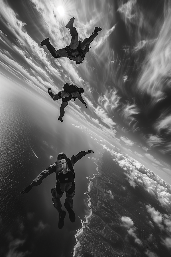Dramatic Skydiving Trio in Black and White