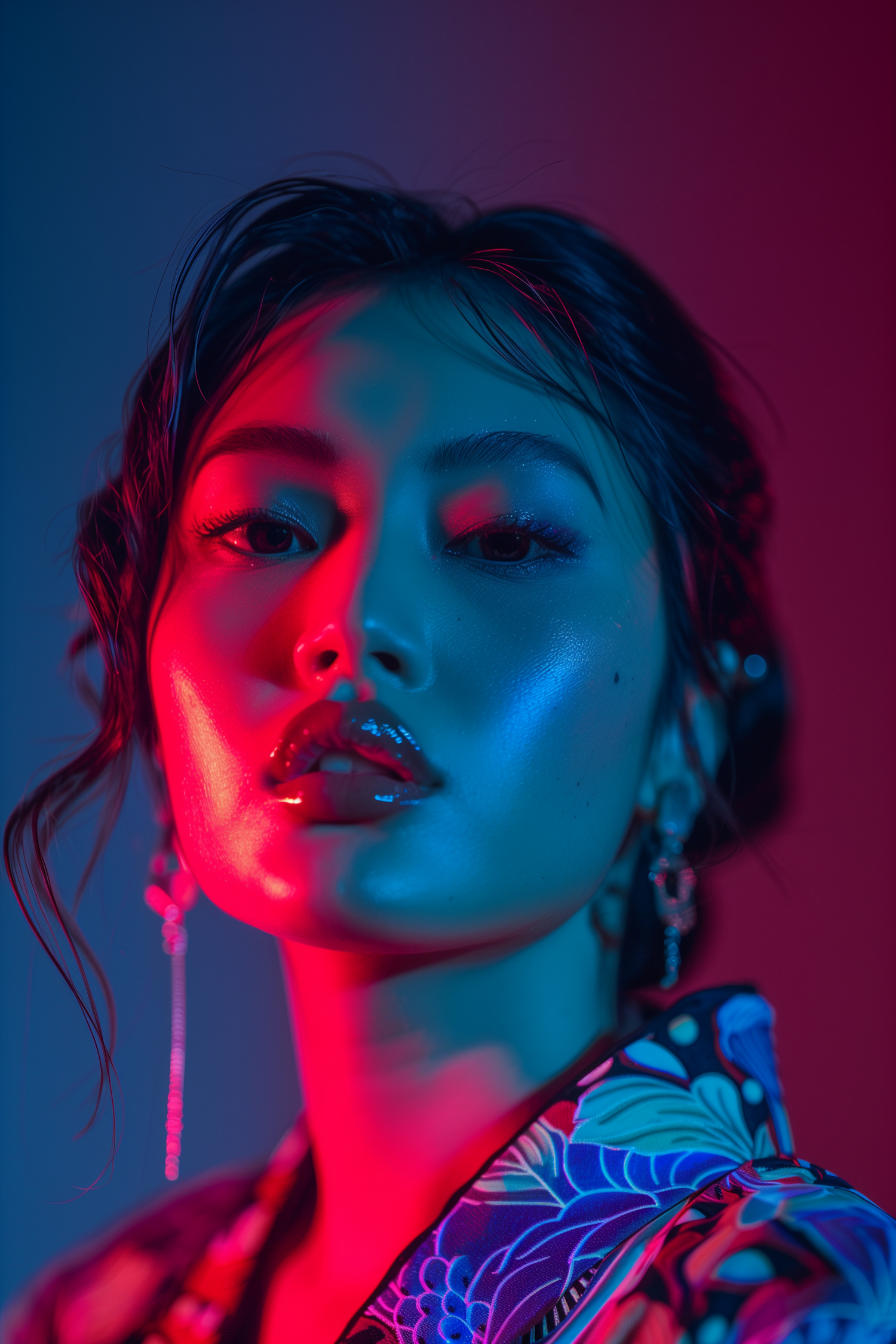 Striking Portrait of Woman in Pink and Blue Lighting