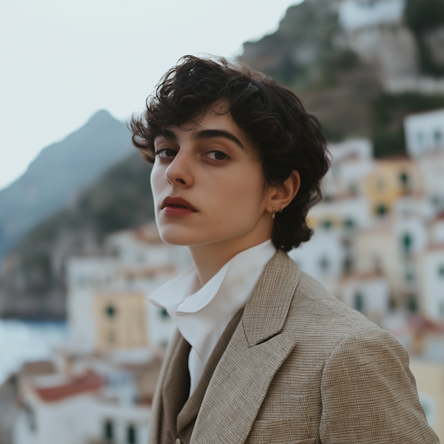 Short-Haired Woman in Beige Suit with Scenic Background