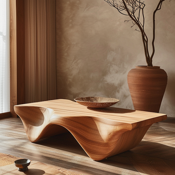 Elegant Interior with Wooden Table and Clay Pot