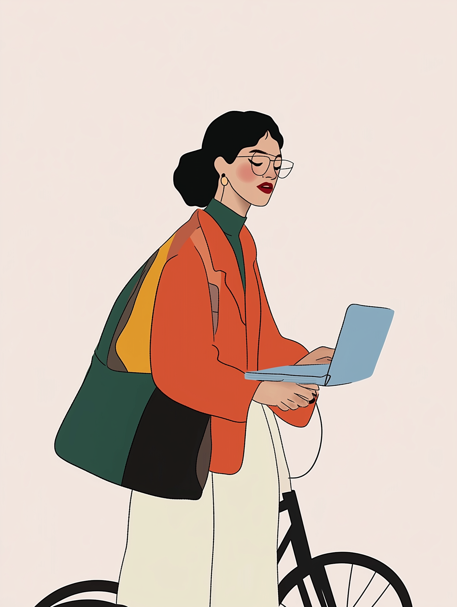 Fashionable Woman with Laptop and Bicycle