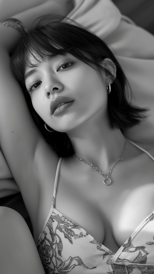 Contemplative Young Woman in Black-and-White