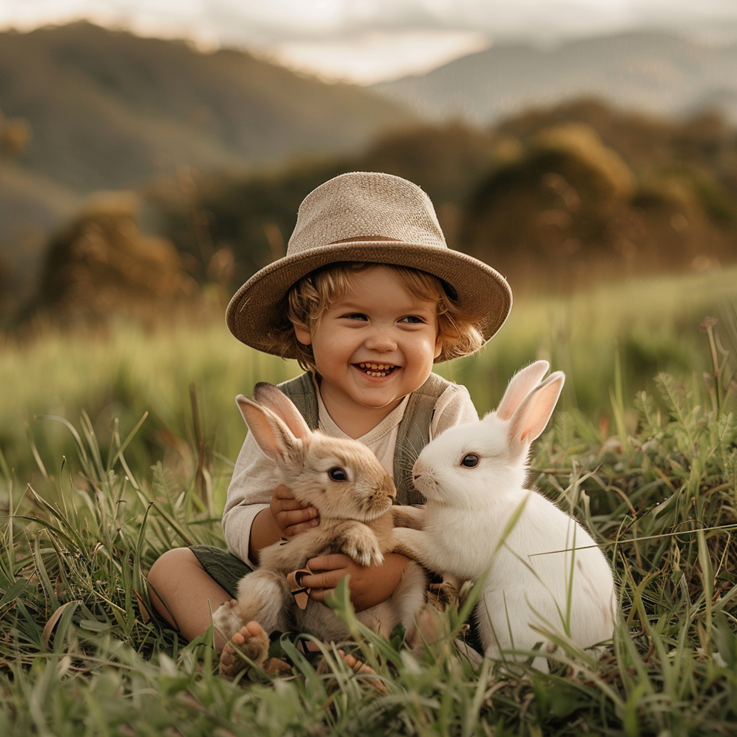 Joyful Child with Rabbits in Meadow