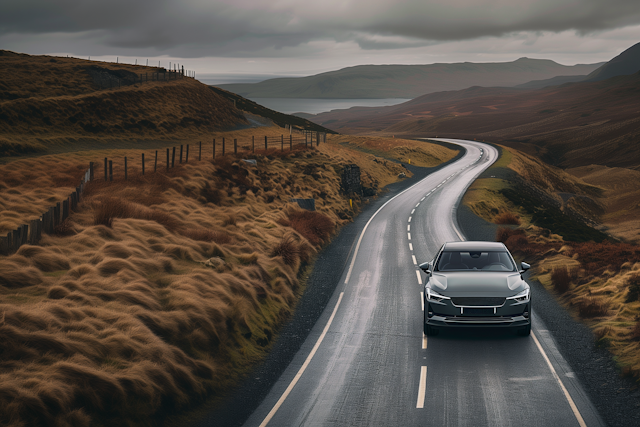 Sleek Black Car on Winding Road