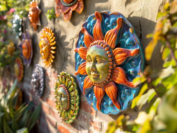 Ceramic Sun Faces on Brick Wall