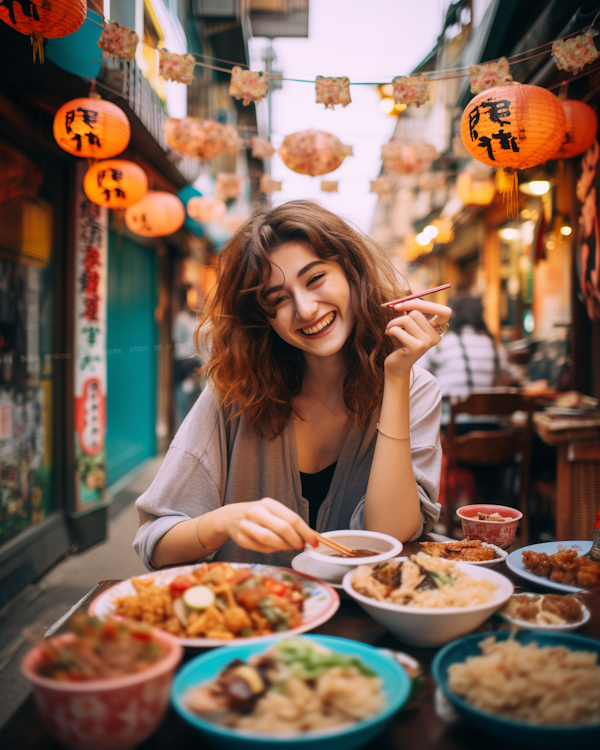 Joyful Diner Enjoying Asian Cuisine Outdoors