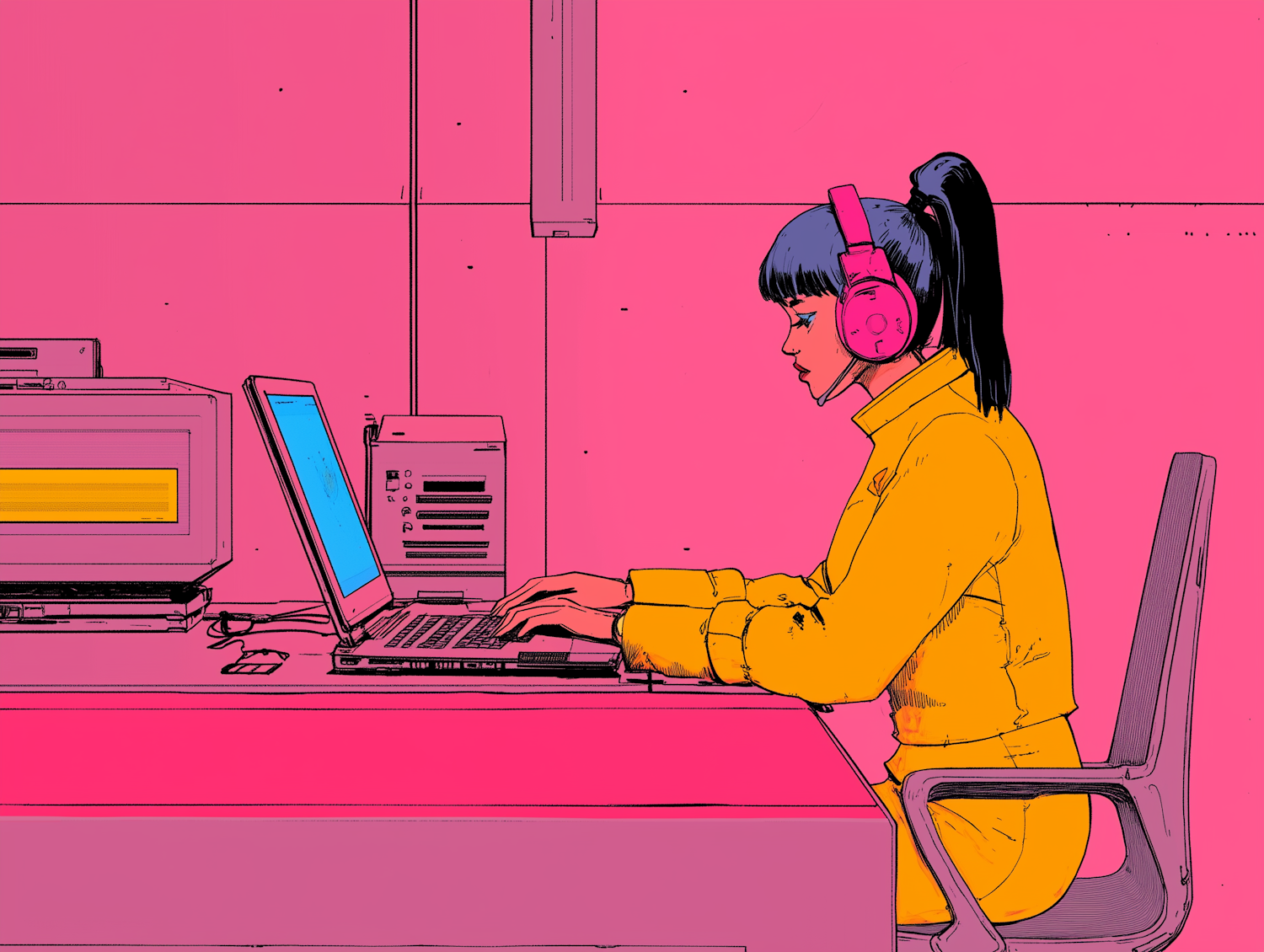 Person Working on Laptop with Pink Headphones