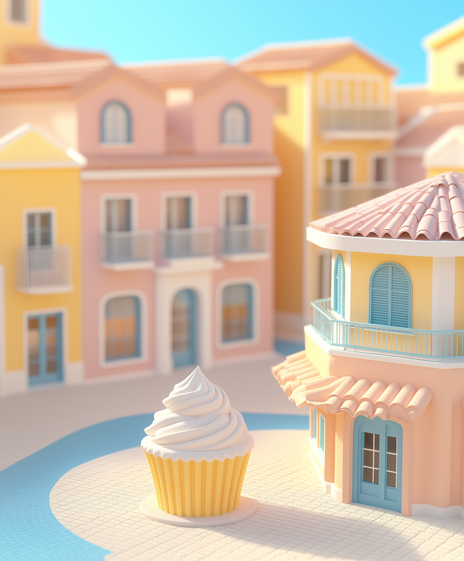 Whimsical Mediterranean Town with Cupcake