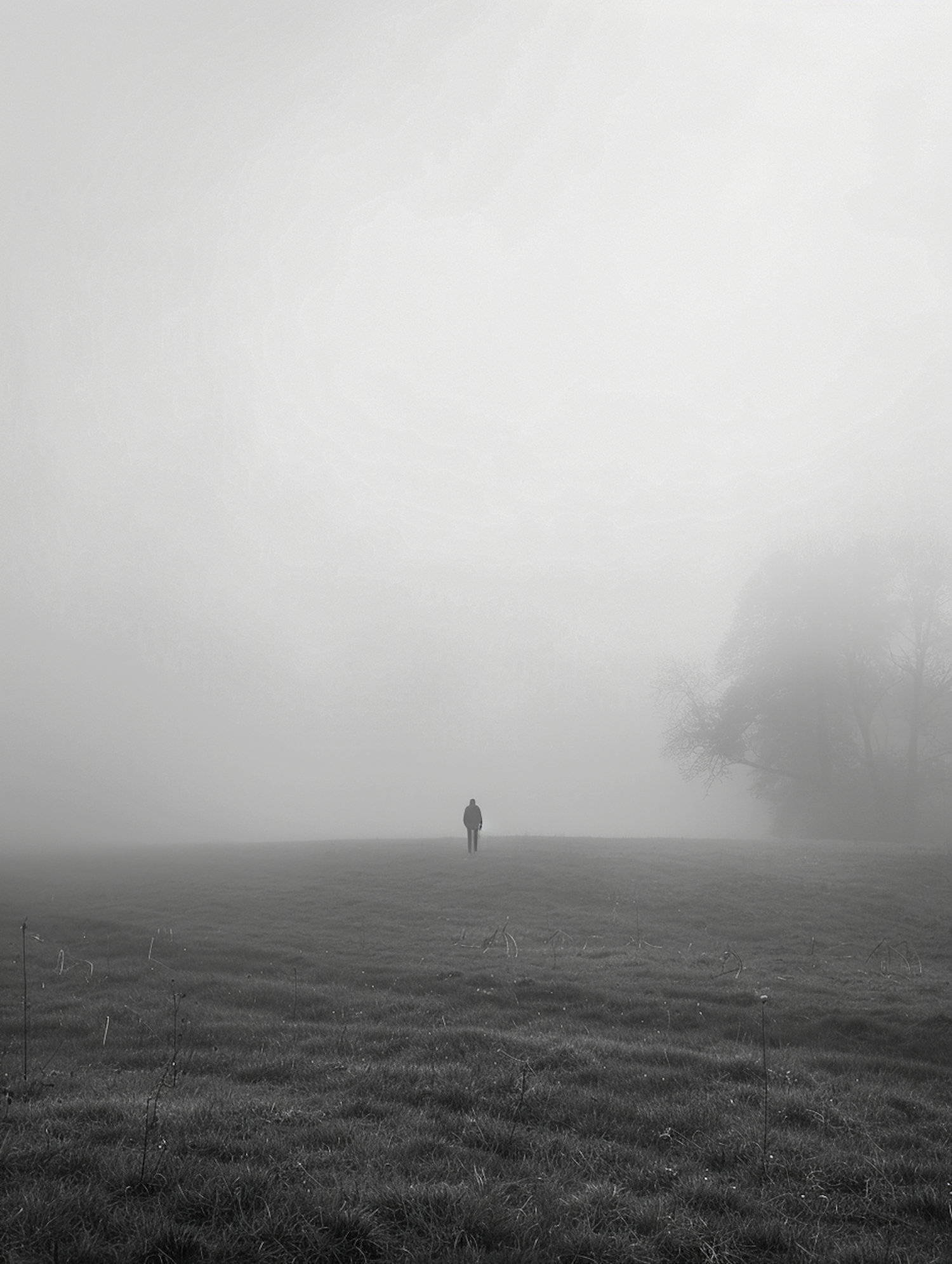 Contemplative Figure in Foggy Field