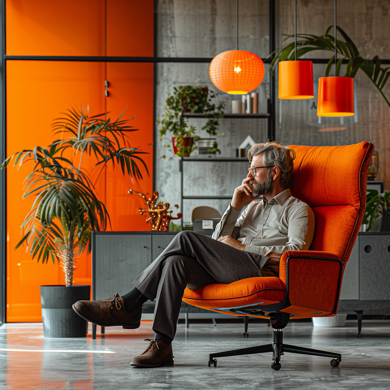 Elderly Man in a Modern Armchair on a Phone Call