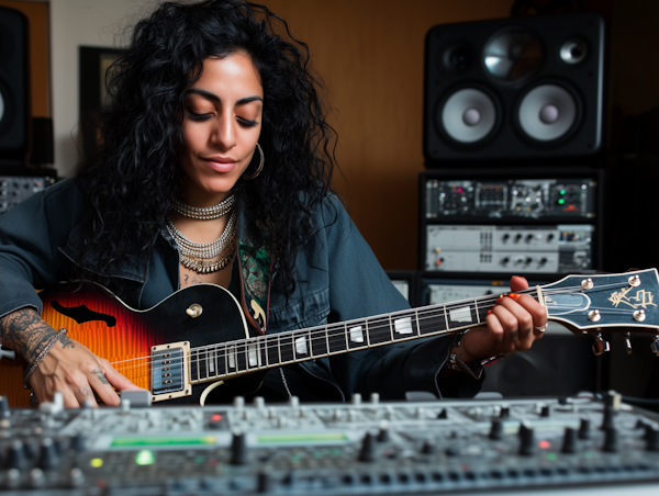 Woman Playing Guitar in Recording Studio