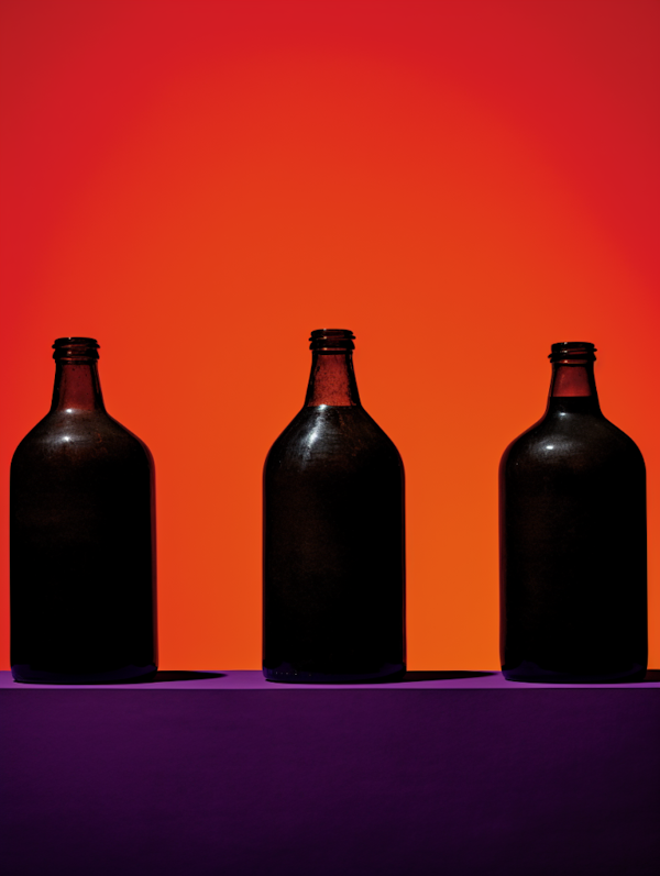 Triad of Silhouette Bottles on Orange and Purple