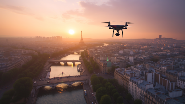 Sunset Over Paris with Eiffel Tower and Drone