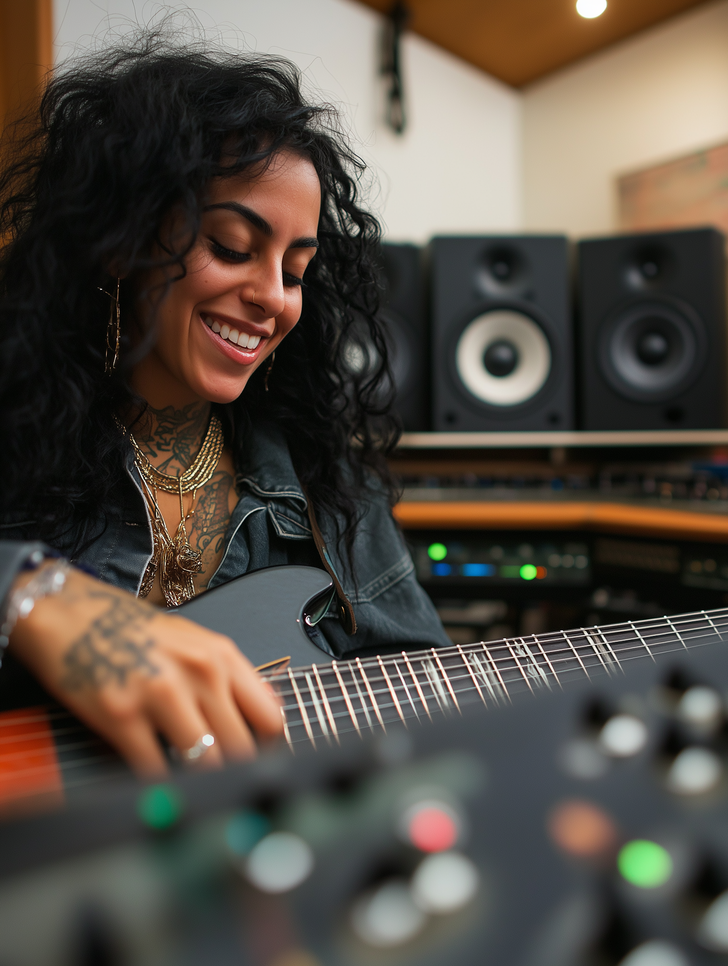 Woman Playing Guitar in Recording Studio