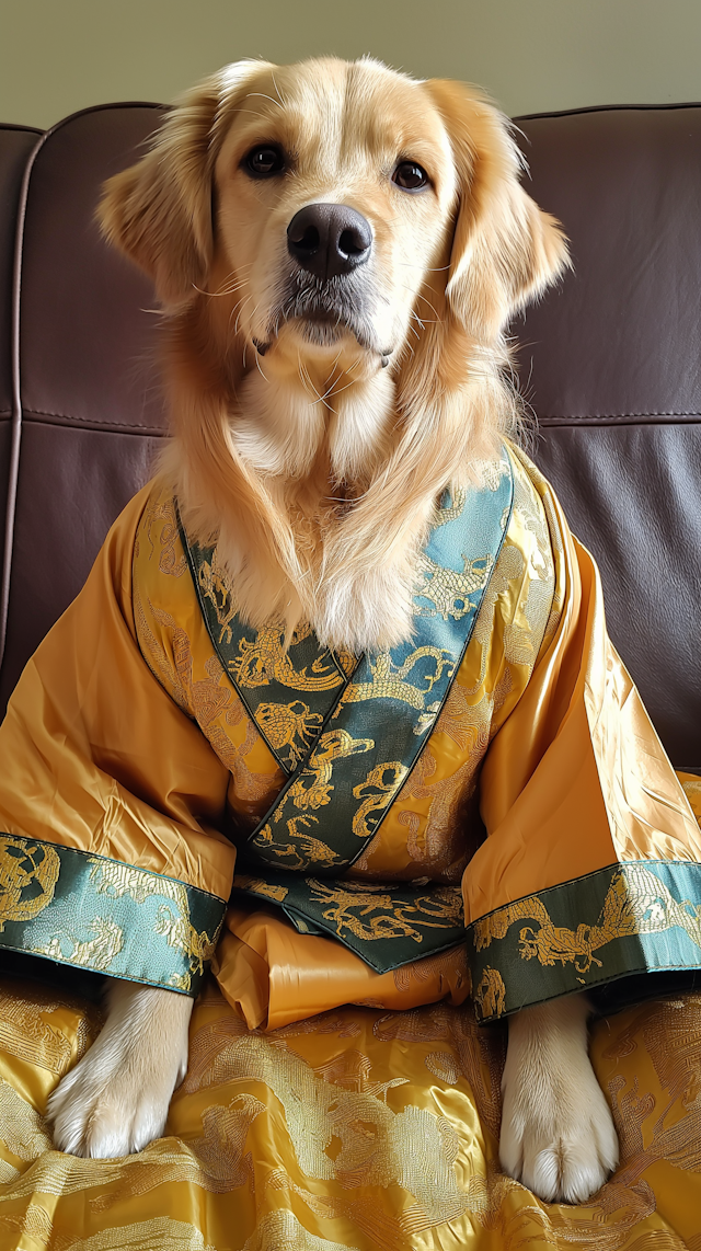 Regal Golden Retriever in Asian-Style Robe