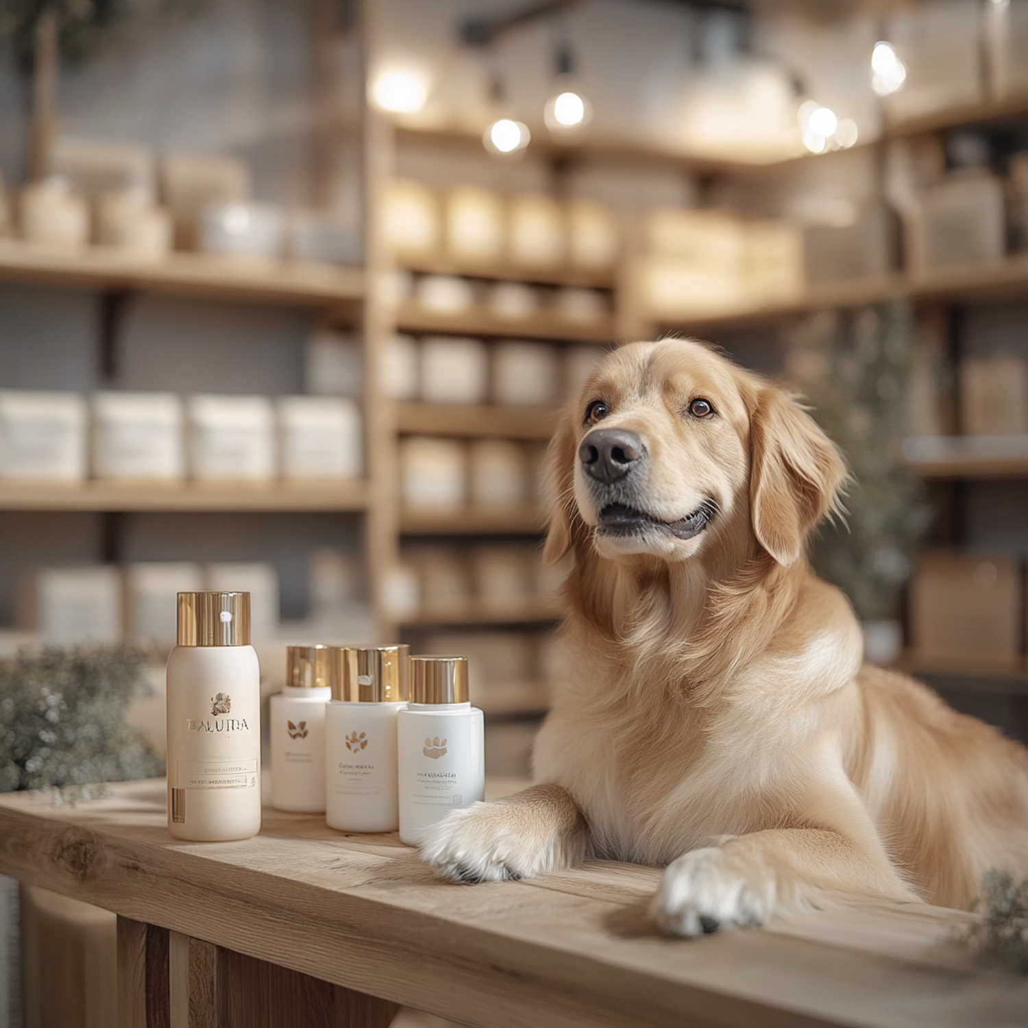 Golden Retriever with Grooming Products