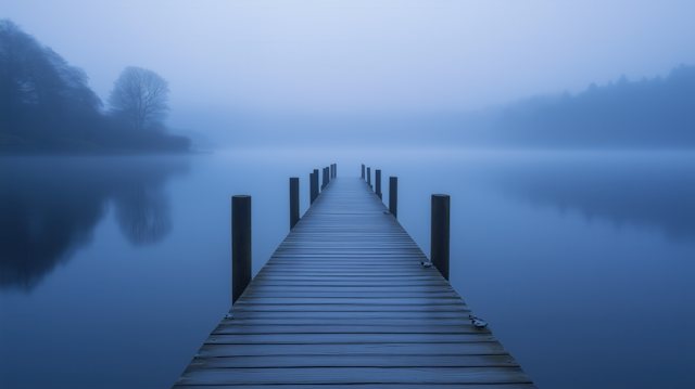 Jetty on misty lake