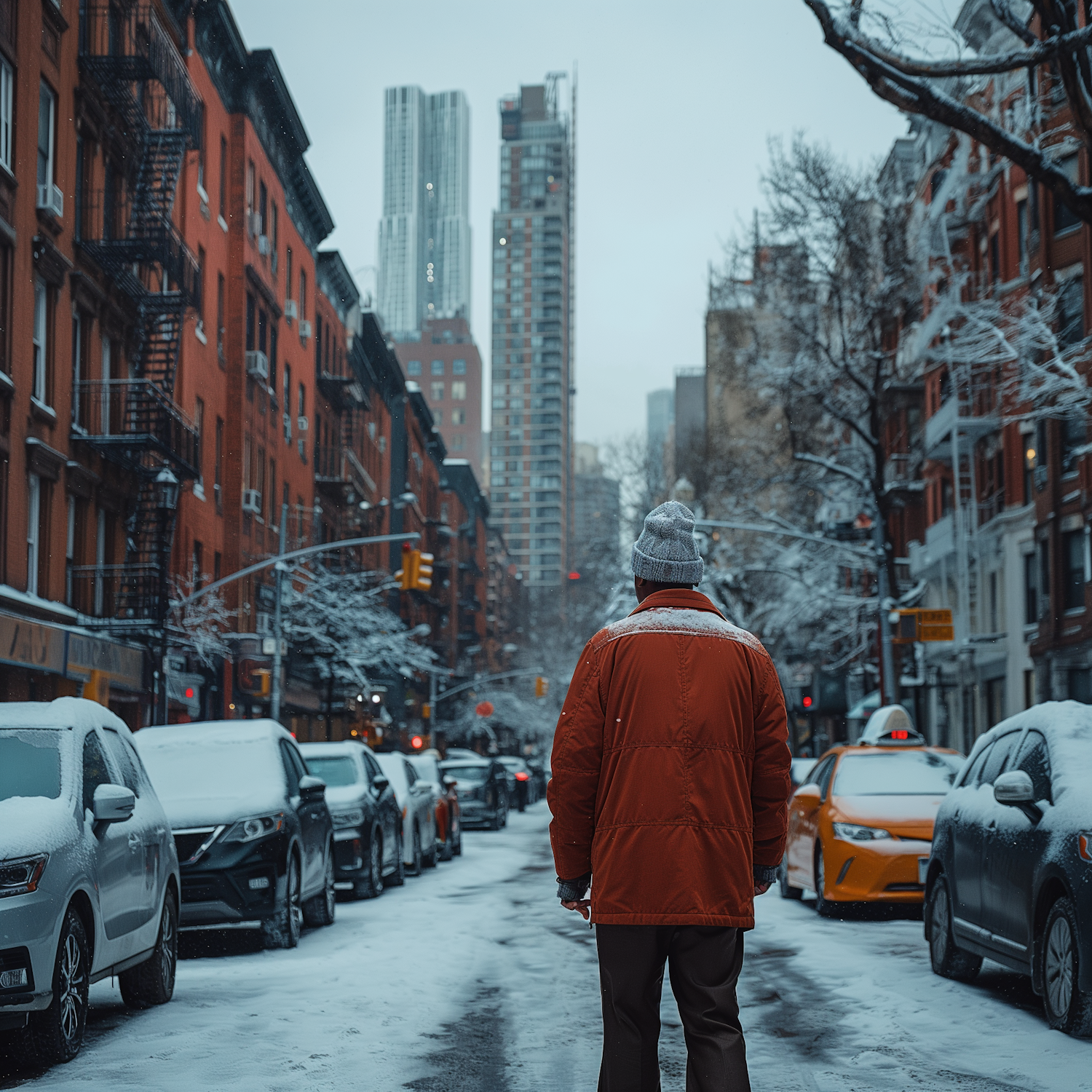 Solitary Figure in Snowy Urban Landscape