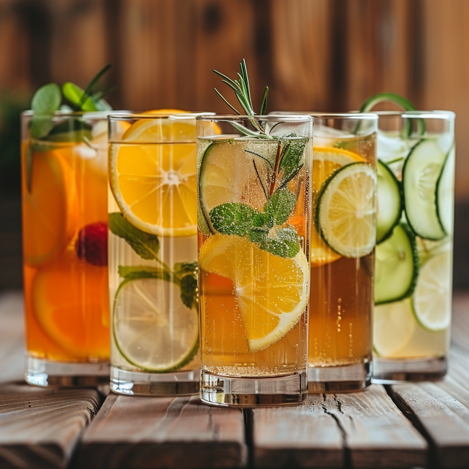 Assorted Infused Drinks on Wooden Surface