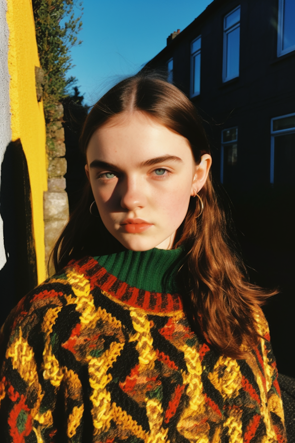 Autumn Glow Portrait of a Confident Young Woman with Striking Blue Eyes and Multicolored Sweater