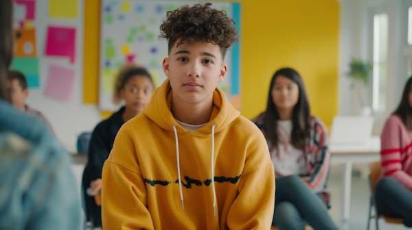 Contemplative Boy in Classroom