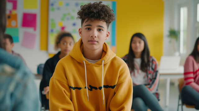 Contemplative Boy in Classroom