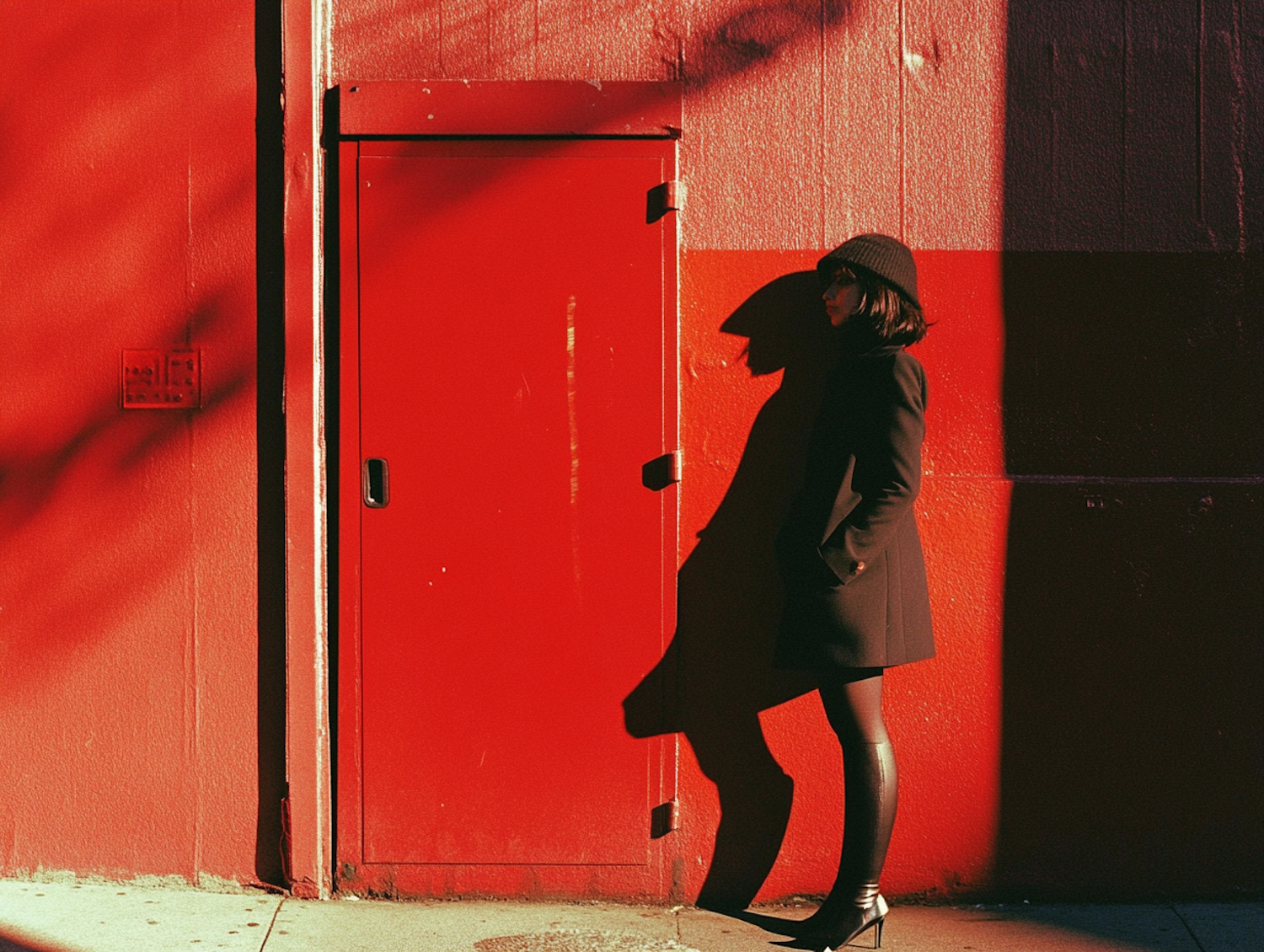 Contemplative Silhouette Against Red Wall