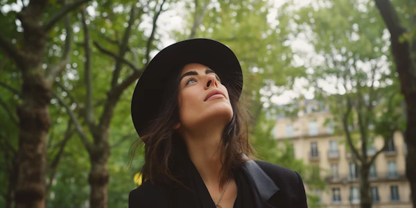 Contemplative Woman in Nature with Urban Backdrop