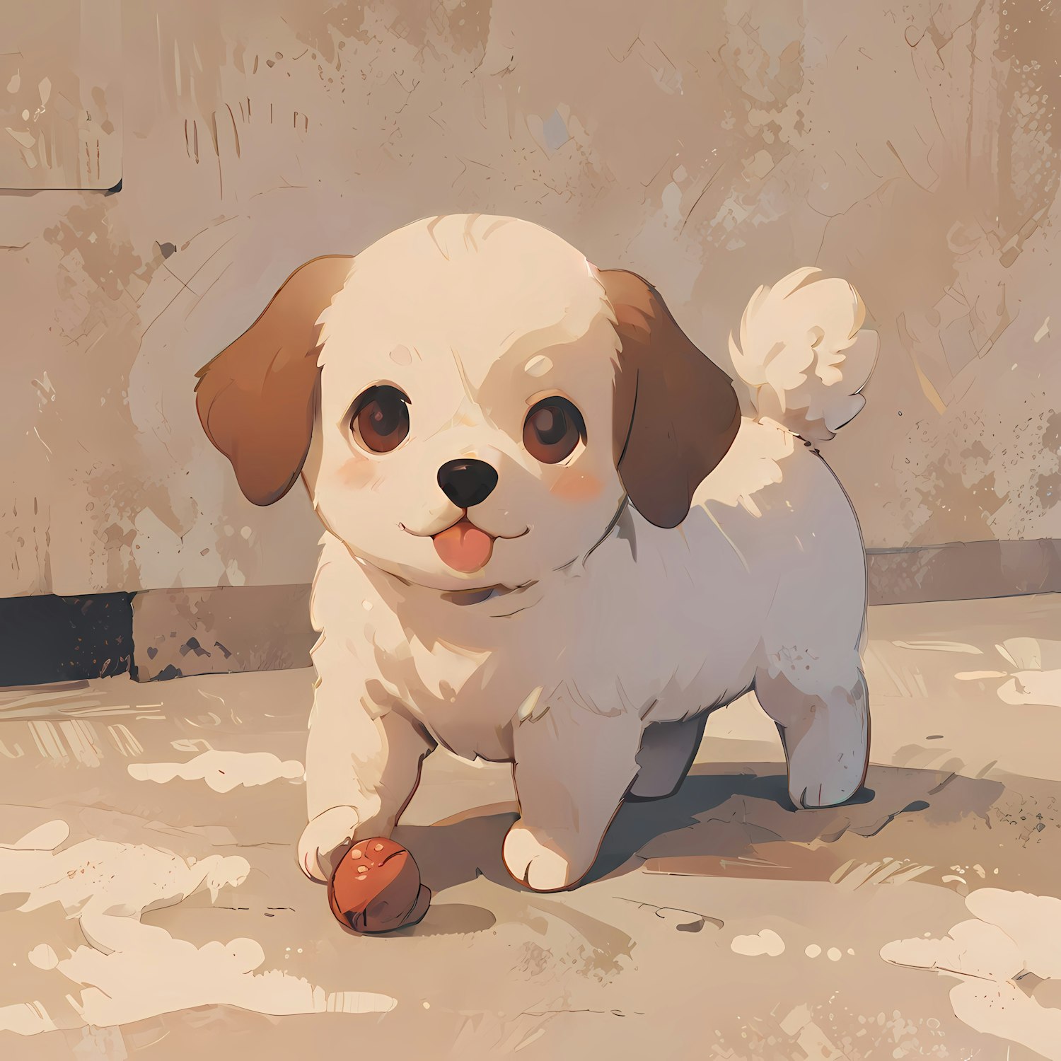 Adorable Cartoon Puppy with Red Ball