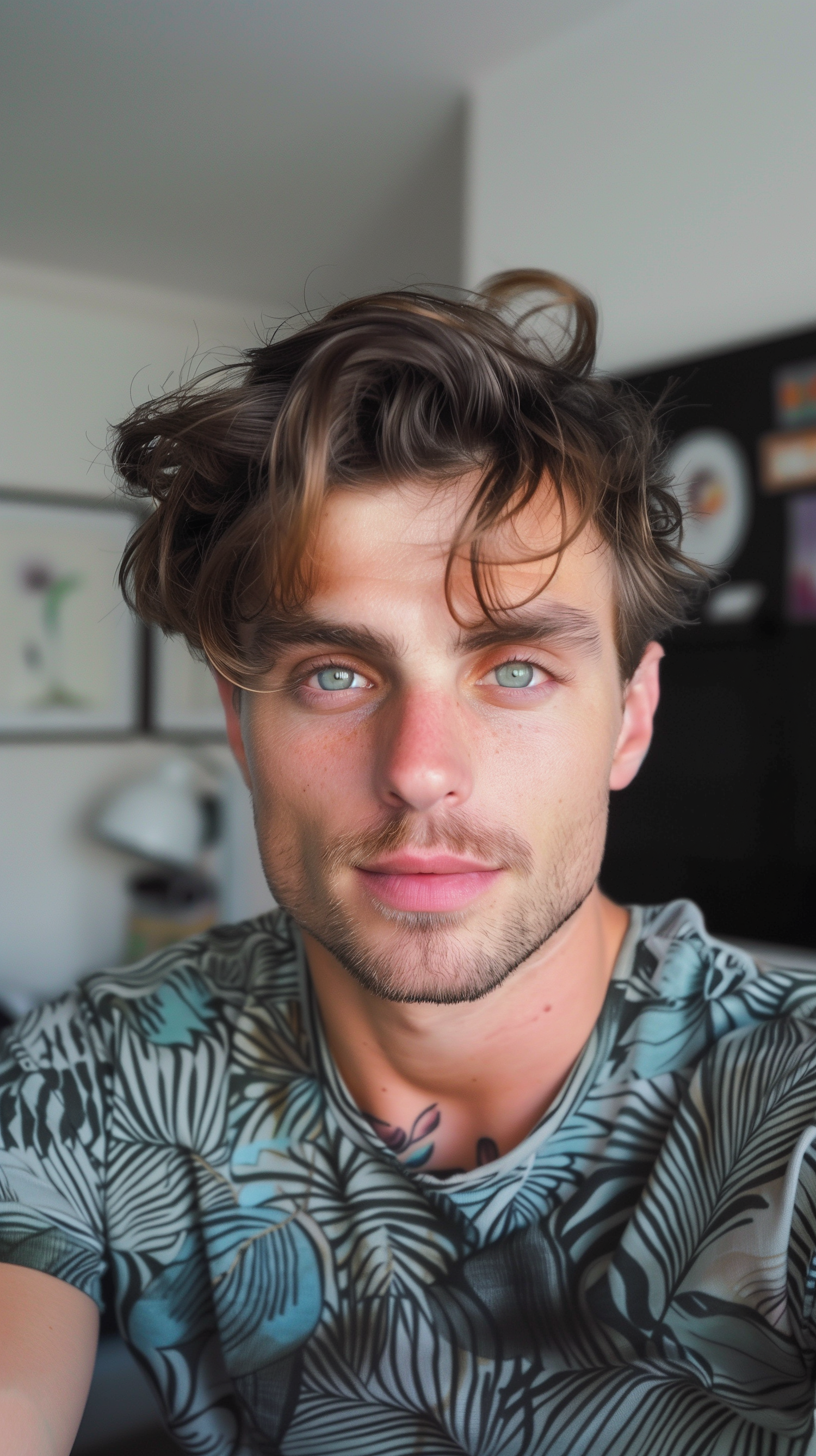 Close-Up Portrait of a Young Man with Piercing Blue Eyes