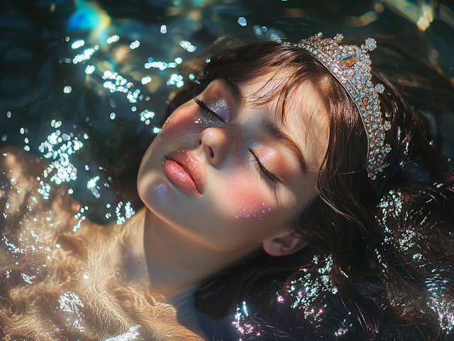 Serene Woman Floating in Water with Tiara