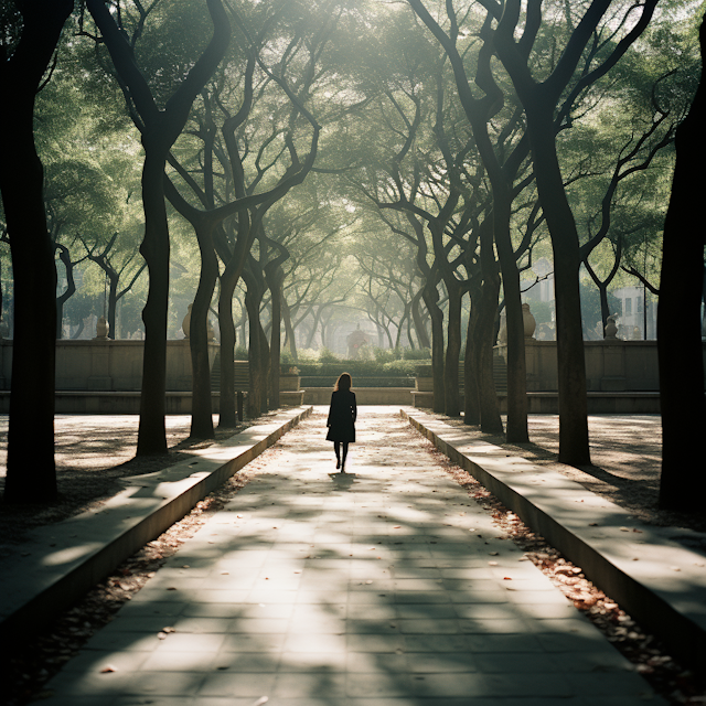 Solitary Contemplation on a Dappled Tree-Lined Path