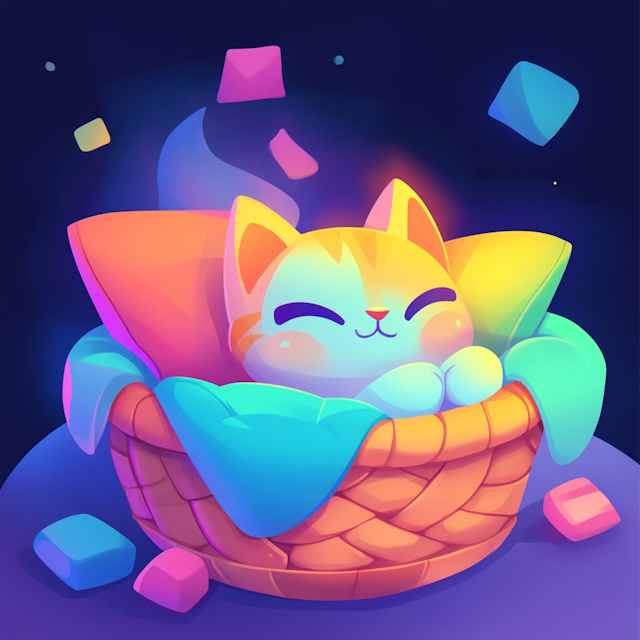 Contented Kitten in Basket Illustration