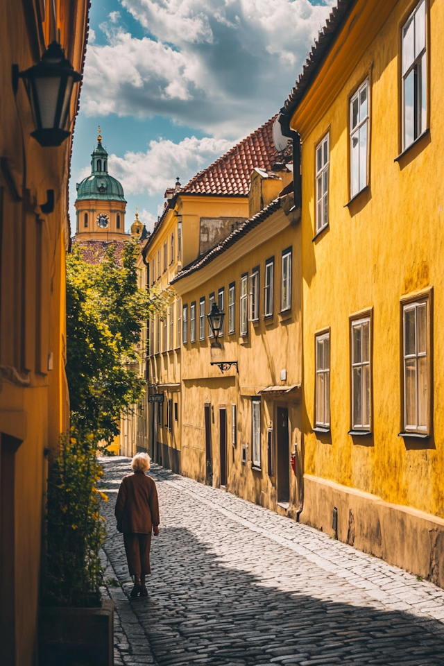 Cobblestoned Street with Yellow Buildings