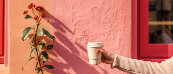 Coffee Cup and Sweater Against Pink Wall