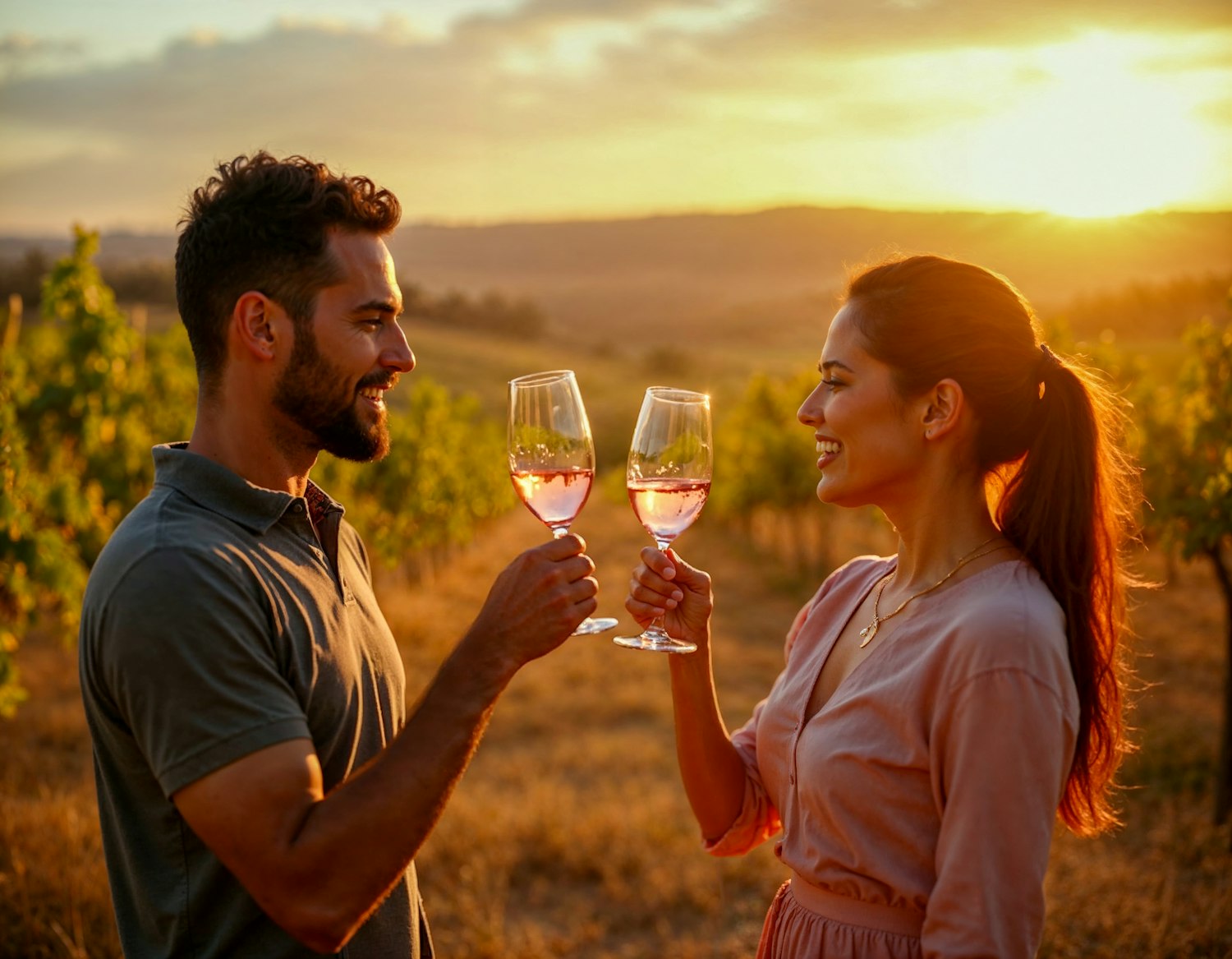 Couple Toasting in Vineyard at Sunset