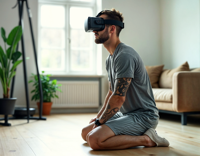 Man with VR Headset in Minimalist Room